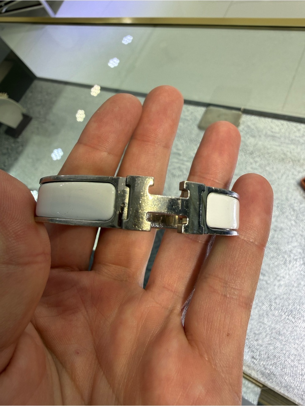 Hermes White and Silver Clic H Bracelet